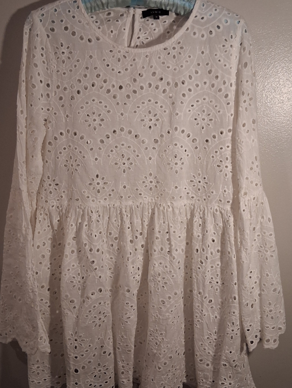 Lumié White Eyelet Mini Dress Sz M Cottagecore, Boho, Travel, Beach Wedding,